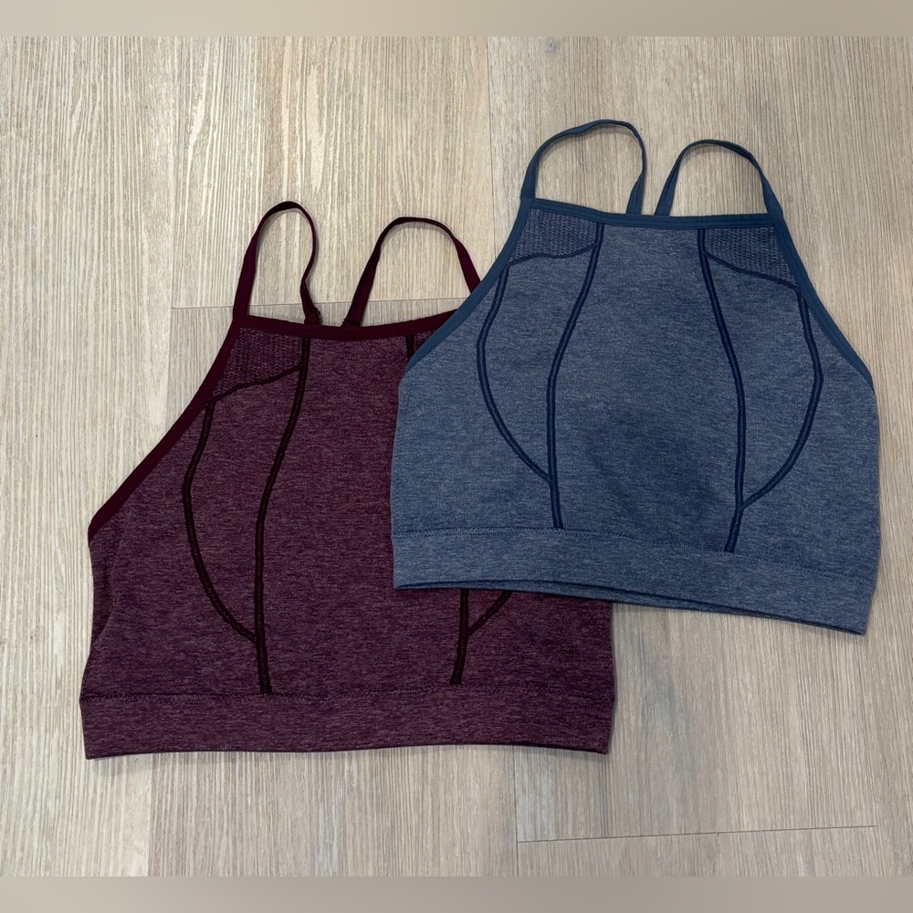 Zella Body High-Neck Seamed  Bralettes in Burgundy and Slate Blue. Size XL